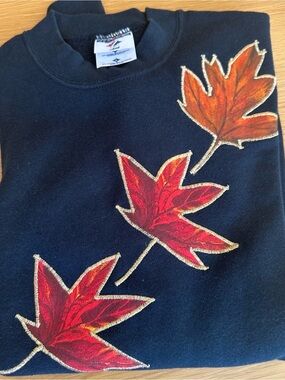 Jerzees Handmade Black Sweatshirt with Red & Orange Leaf Appliqués